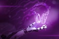 3d rendering of android hand levitating headphones on blurry purple background.