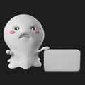 3d rendering of an angry cute ghost beside a white box space for text isolated on a dark background Royalty Free Stock Photo