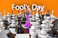 3D rendering April Fools` Day. Chess piece in a jester`s hat