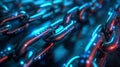 3D rendering of an array of interconnected chains with glowing blue and silver lights, symbolizing the concept of blockchain