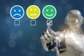 3d rendering artificial intelligence robot hand flip the satisfaction to choose happy to customer relationship service Royalty Free Stock Photo