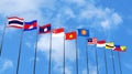 3D rendering of asean country`s flags on sky