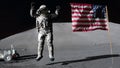 3D rendering. Astronaut jumping on the moon and saluting the American flag. CG Animation. Elements of this image furnished by NASA Royalty Free Stock Photo