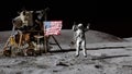 3D rendering. Astronaut jumping on the moon and saluting the American flag. CG Animation. Elements of this image furnished by NASA