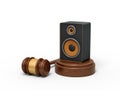 3d rendering of audio loudspeaker on round wooden block and brown wooden gavel