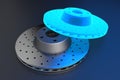 3D rendering. Auto spare parts for car, brake disk on grey background