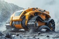 A 3D rendering of an autonomous robotic tank navigating through a hazardous environment
