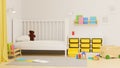 3D rendering, baby bedroom interior design with bad, cabinet, toys, playthings, doll and books shelf on the wall