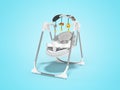 3d rendering baby rocking chair with toys on metal legs blue background with shadow