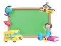 3D Rendering back to school blackboard template cartoon style.