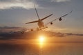 3d rendering from a back view of a big airliner in a sunset over the ocean