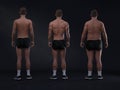 3D Rendering : back view of standing male body type : ectomorph skinny type, mesomorph muscular type, endomorphheavy weight Royalty Free Stock Photo