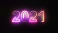 3D rendering background with multi-colored neon text 2021 on black. Computer generated bright festive style