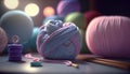 3D rendering of a ball of yarn, knitting needles and buttons Royalty Free Stock Photo