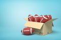 3d rendering of balls for American football inside in carton box on blue background.