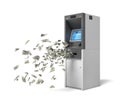 3d rendering of a bank ATM machine with green banknotes flying out of it. Royalty Free Stock Photo