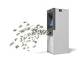 3d rendering of a bank ATM machine with green banknotes flying out of it.