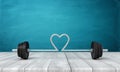 3d rendering of barbell with its bar bent in shape of heart in the middle, on wooden surface near blue wall.