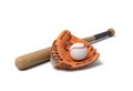 3d rendering of a baseball lying inside a large leather glove near a wooden bat on a white background. Royalty Free Stock Photo