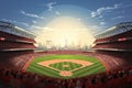 3D rendering of a baseball stadium with fans and sunset in the background, A baseball stadium filled with cheering fans, AI Royalty Free Stock Photo