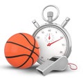 3D Rendering Basketball Ball, Silver Whistle, And Stopwatch Isolated On White Background, PNG File Add Royalty Free Stock Photo