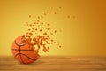 3d rendering of basketball dissolving into particles on one side, on wooden surface on yellow background with much copy