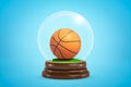 3d rendering of a basketball inside snow globe on light blue gradient background.