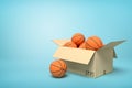 3d rendering of basketballs in carton box on blue background.