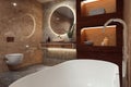 3D rendering bathroom, aromatherapy, relaxation, spa. Tiles, ceramics, wooden cupboard