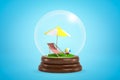 3d rendering of beach chair, beach umbrella and beach ball inside snow globe on light blue gradient background.