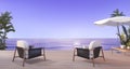 3d rendering beautiful armchair on terrace near beach with nice sky view and palm tree in hawaii in the evening