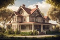 3D rendering of a beautiful country house in the style of the century, Realistic classic house, AI Generated Royalty Free Stock Photo