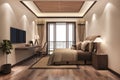 3d rendering beautiful minimal luxury asian bedroom suite in hotel with tv
