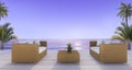 3d rendering beautiful rattan armchair on deck near beach in twilight scene Royalty Free Stock Photo