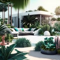 3d rendering of a beautiful terrace with palm trees and plants Generative AI