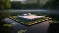 3d rendering of a bed in a misty forest on a lake