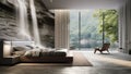 3D Rendering of a bedroom with a waterfall wallpaper. Royalty Free Stock Photo