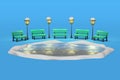 3D rendering of benches illuminated by antique lanterns in a park around a frozen lake, ice rink