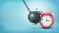 3d rendering of a big black iron wrecking ball breaks itself when hitting a large red alarm clock.