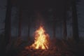 3d rendering of big bonfire with sparks in the forest at foggy night