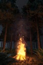 3d rendering of big bonfire with sparks in the forest at night