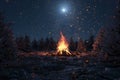 big bonfire with sparks and lot of particles in front of snowy pine trees and moonlight sky Royalty Free Stock Photo