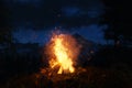 3d rendering of big bonfire with sparks and particles in front of foggy mountain and conifer trees