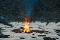 3d rendering of big bonfire with sparks and particles in front of pine forest and snowy ground Royalty Free Stock Photo