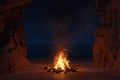 3d rendering of big bonfire with sparks and particles in front of sea and cave