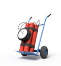 3d rendering of big dynamite bundle with time bomb on blue hand truck. Royalty Free Stock Photo