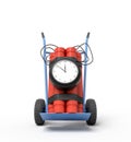 3d rendering of big dynamite bundle with time bomb on blue hand truck. Royalty Free Stock Photo