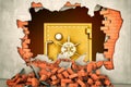 3d rendering of a big golden safe seen through a huge hole in a plastered brick wall.