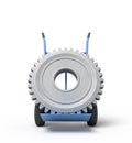 3d rendering of big grey wheel gear on blue hand truck