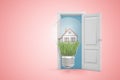 3d rendering of big lightbulb with small house on green lawn inside emerging from open door on pink copyspace background Royalty Free Stock Photo